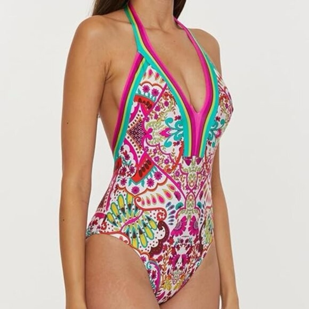 Trina Turk Hawaiian Garden Border Halter Plunge One-Piece Swimsuit – Size 6
